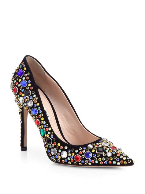 miu miu donna jeweled suede pumps